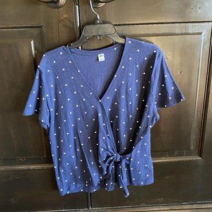 Old Navy Navy Blue Polka Dot Wrap Shirt